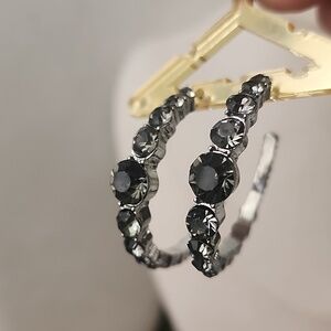 Silver with Smokey Grey Crystal Stones Hoop Earrings